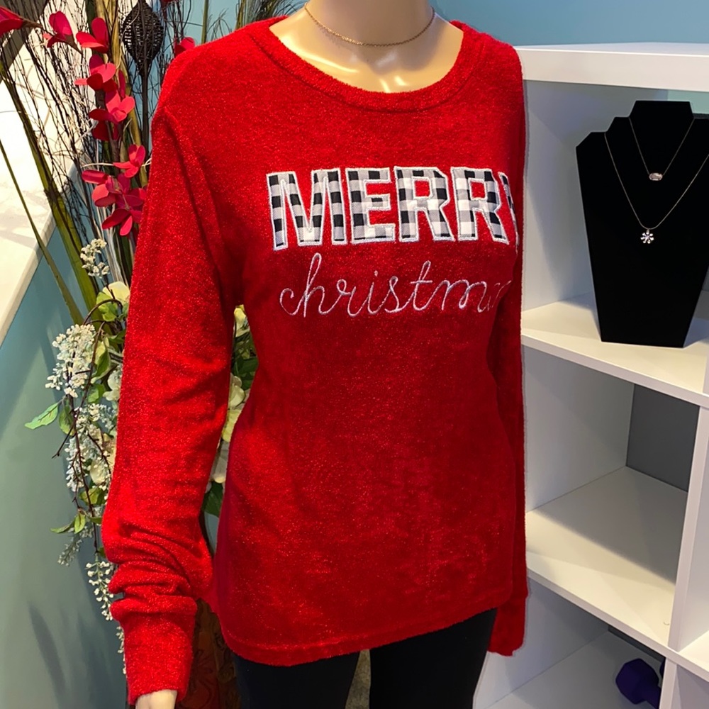 Red Holiday Sweater with Multi-material Embroidered Design